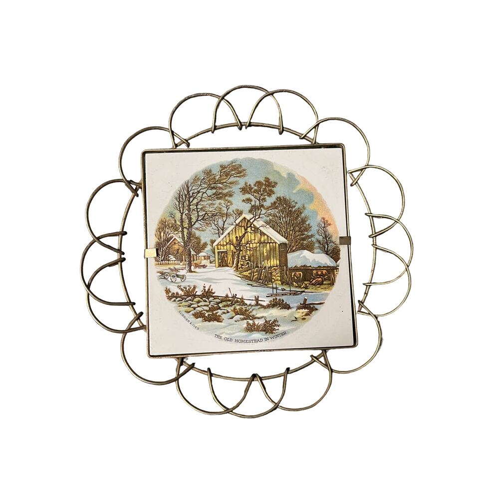 Vintage Currier and Ives The Old Homestead in Winter Tile wall art Stamped